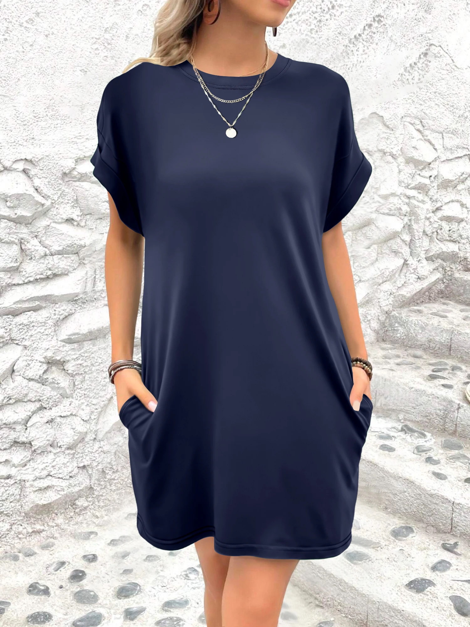 

Гладкое платье-футболка с круглым вырезом для женщин, свободного кроя, с короткими рукавами, мини-платье с карманами для путешествий