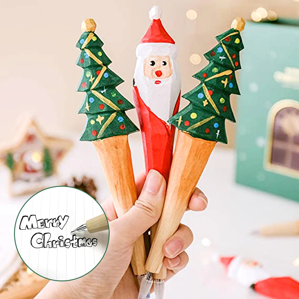 Wood Cartoon Pen Santa Claus Xmas Tree Deer Ballpoint Pen Merry Christmas Gifts Stationery Writing Tool Office School Supply