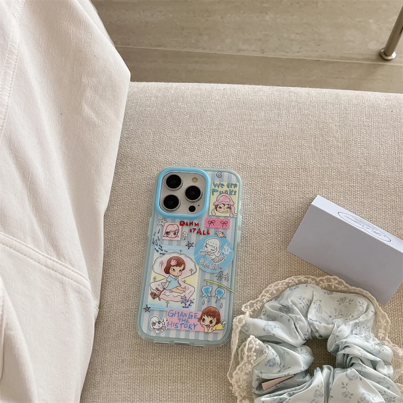 حالة الهاتف | فتاة قذيفة مخططة زرقاء | كارتون مخطط | أفضل هدية لصديق | مناسبة آيفون 11 12 13 14 15 16 17 برو ماكس #5