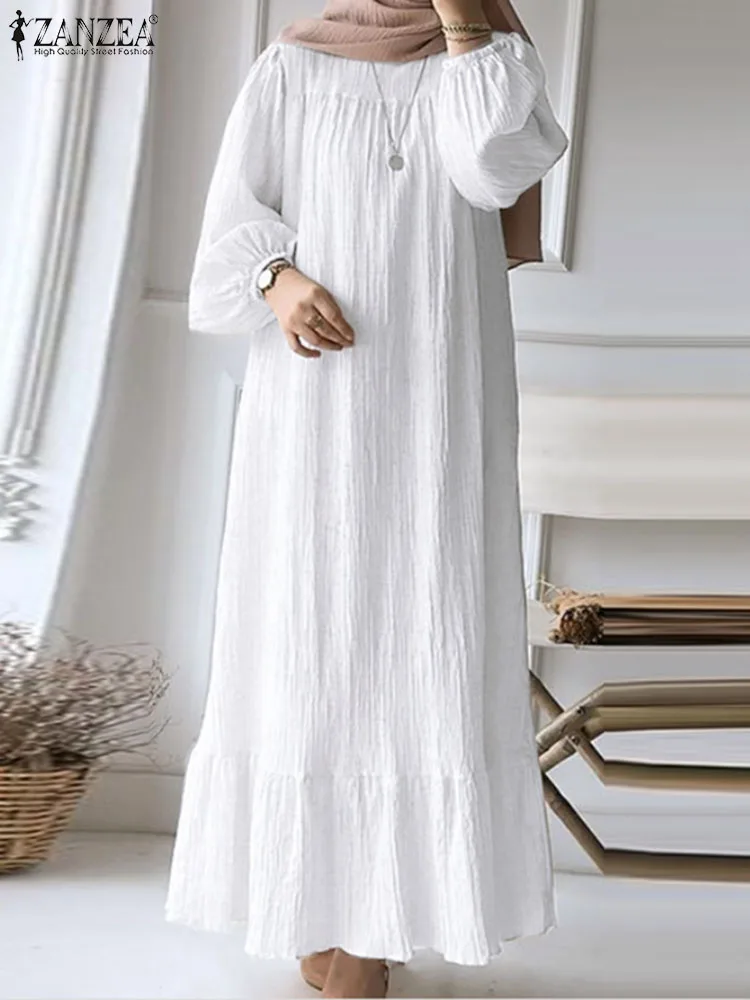 ZANZEA Women Fashion O Neck Long Sleeve Muslim Abaya Dress Vintage Solid Ruffles Hem Sundress Robe Femme Turkey Vestido Kaftan