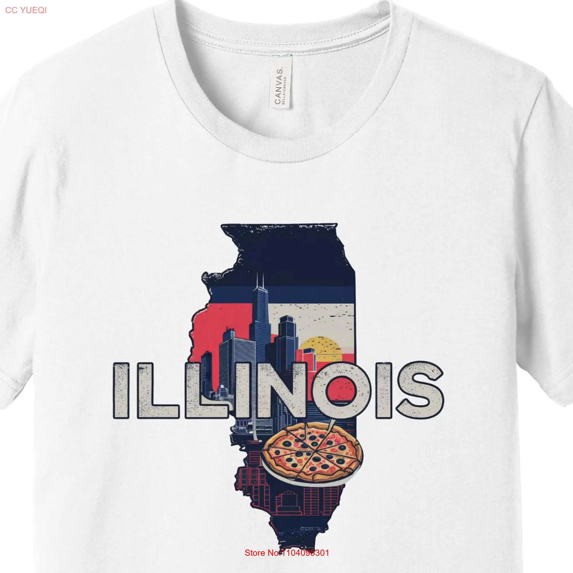 Illinois State T Shirt Iconic Design Chicago Skyline and Deep Dish Pizza long or short sleeves