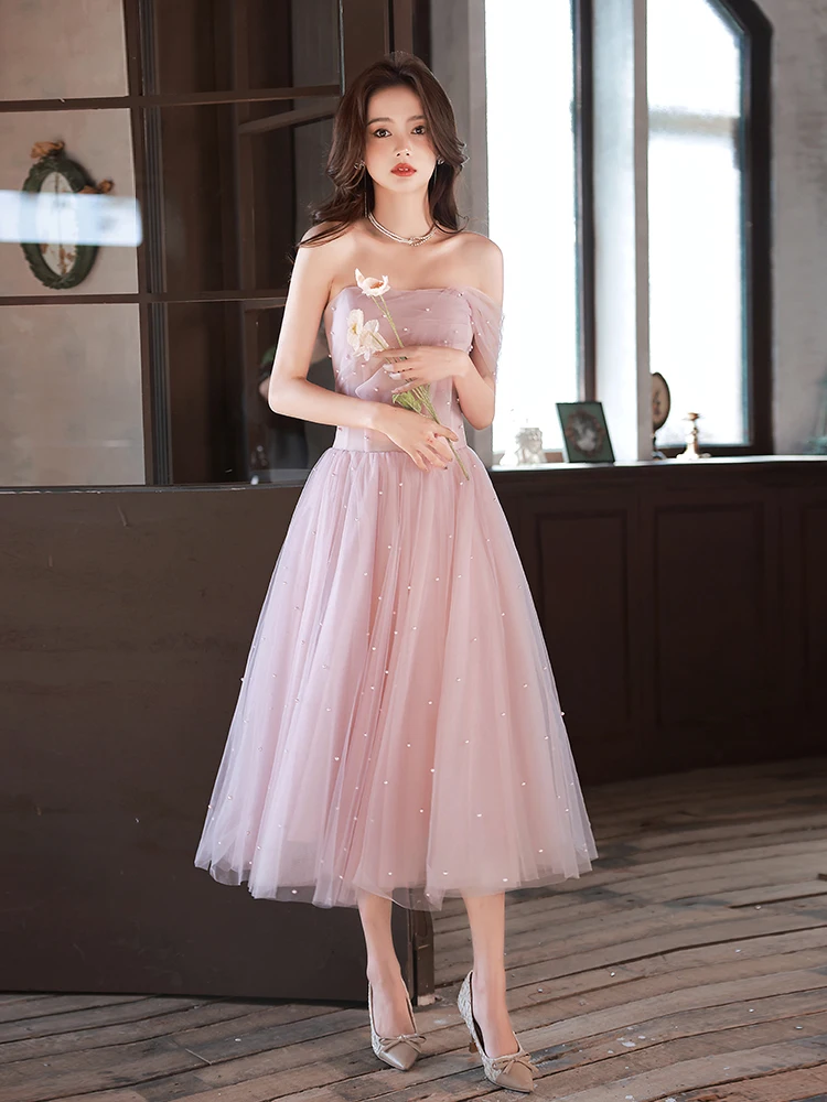 

Pink Evening Dresses One Off Shoulder Boat Neck Evening Dress Classic A-Line Tea-Length Tulle Pearls Vestidos Prom Gown 2023