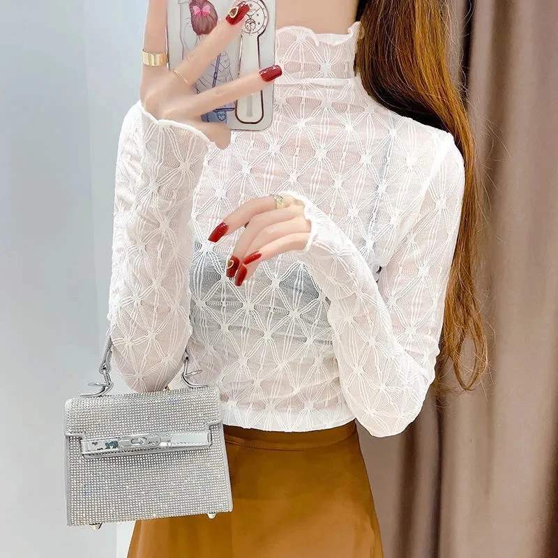 Soft High Collar Gauze Thin Transparent Bottoming Shirt Agaric Lace Long Sleeve Comfortable Fashionable Ladies Top Three Colors