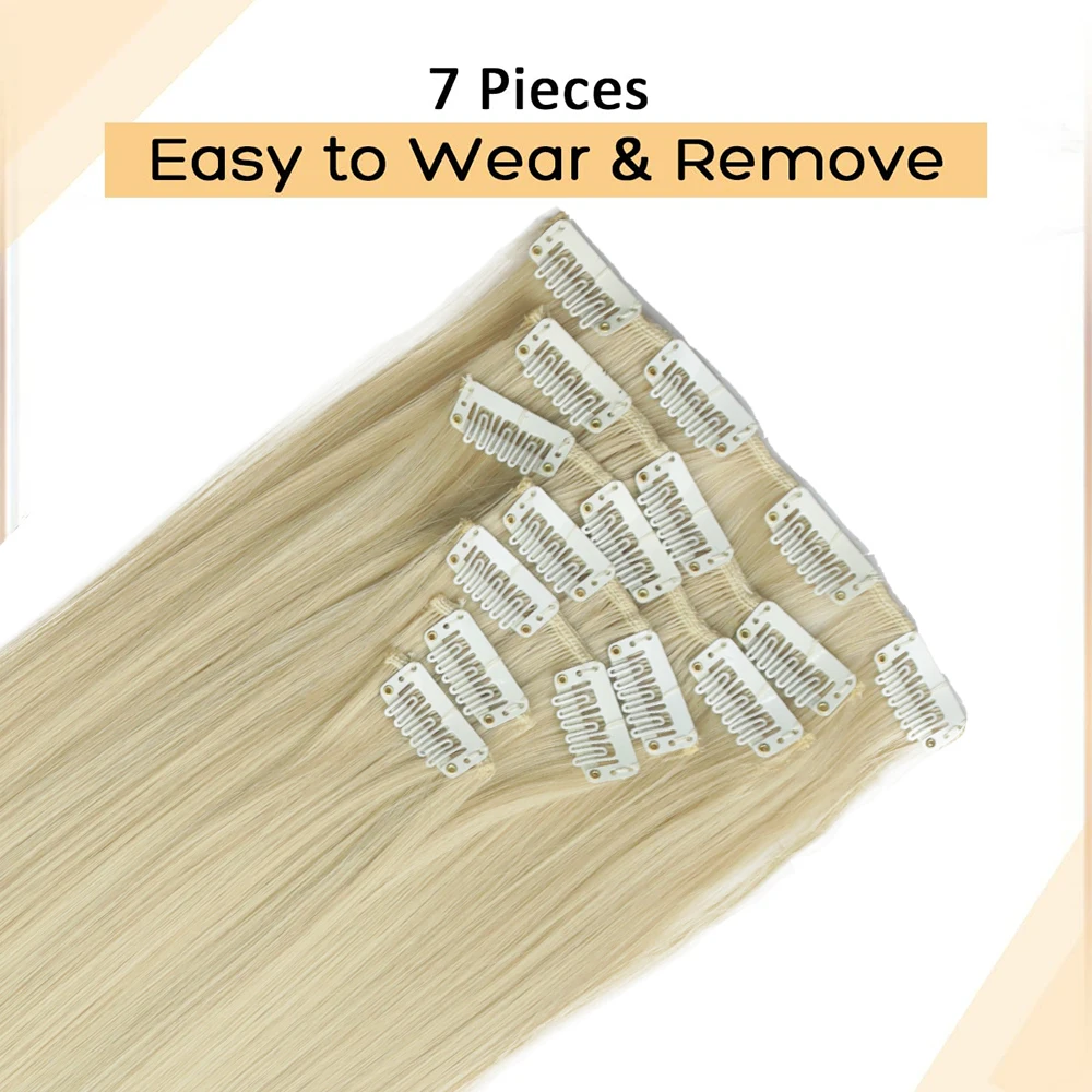 Extensiones de Cabello sintético Natural para mujer, postizos largos y rectos, resistentes al calor, color rubio y negro, 16 Clips, 7 unidades por juego