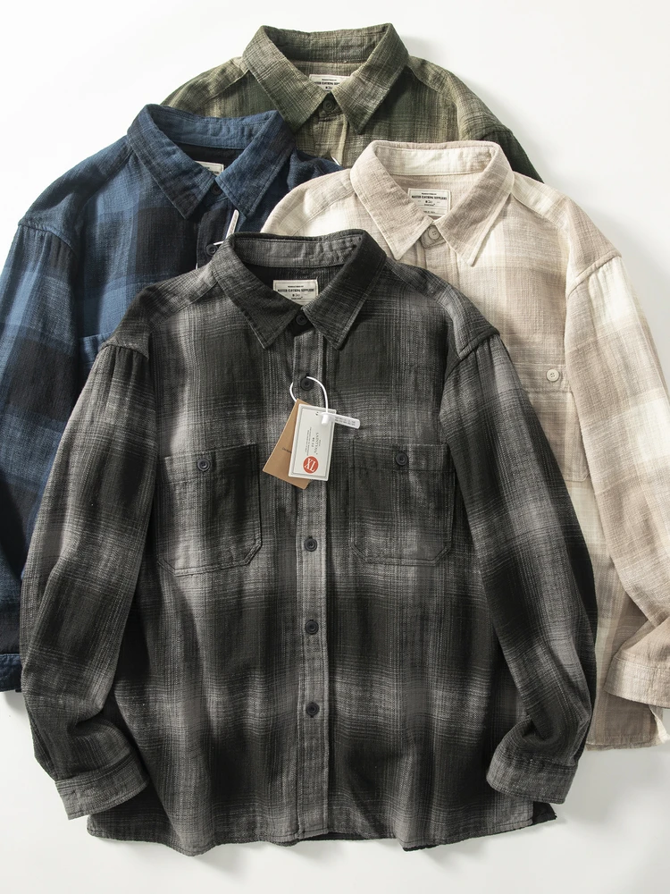 

Thi Pure Cotton Retro Plaid irt Men's Layered Wear Bamboo Fiber irt Casual Loose Fit Long Sve Button down