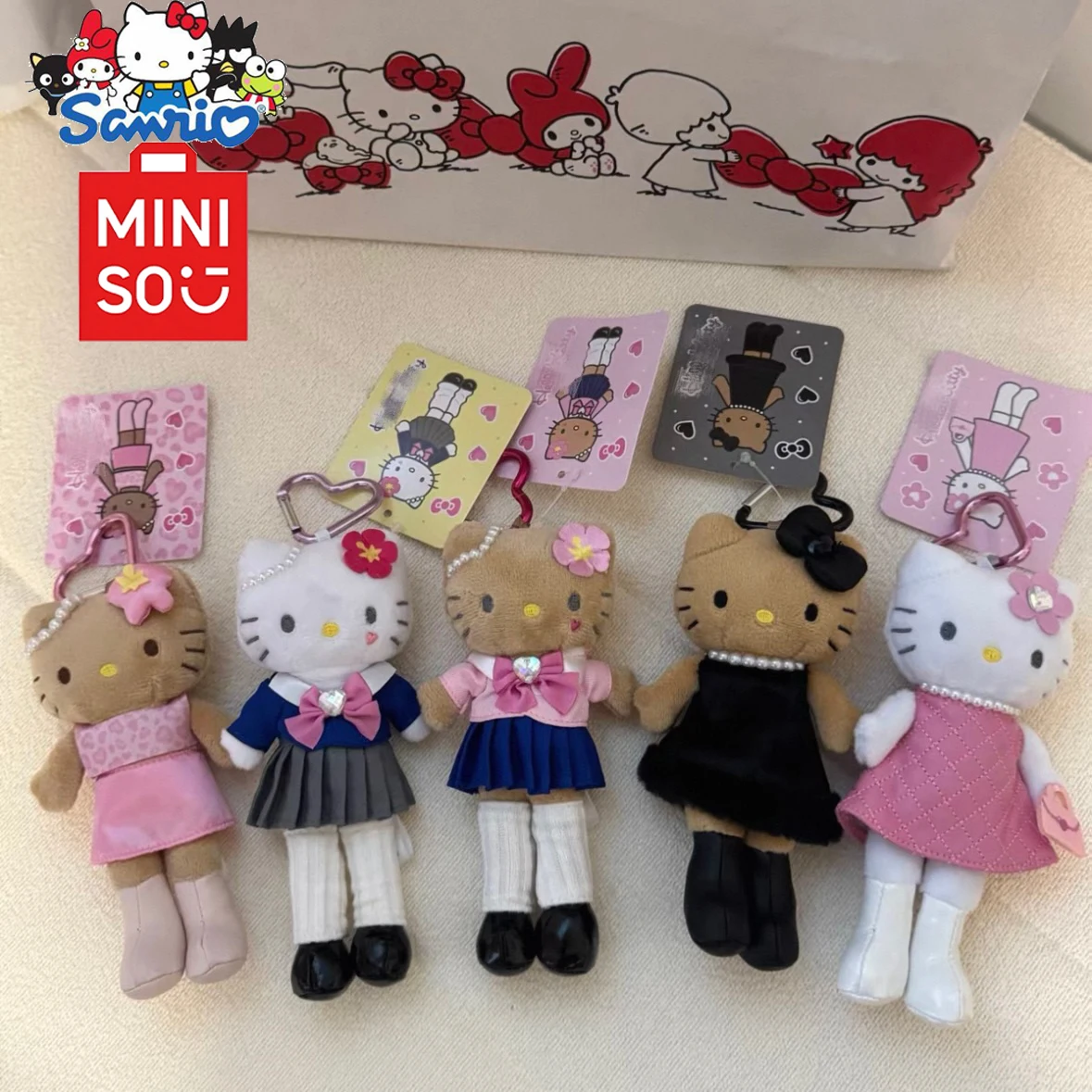 

MINISO Sanrio NEW Hello kitty Black skinned long legs KT pendant Noblewoman leopard print Fashion bag accessories Girl's Gift