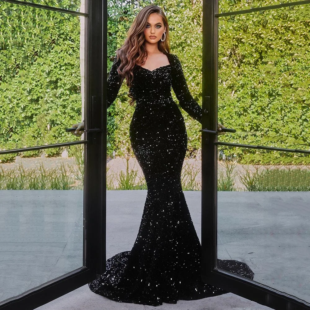 

Sparkly Black Sequined Evening Dress Mermaid 2022 V Neck Women's Evening Gown Long Sleeves Sexy Formal Party Dresses Custom Make