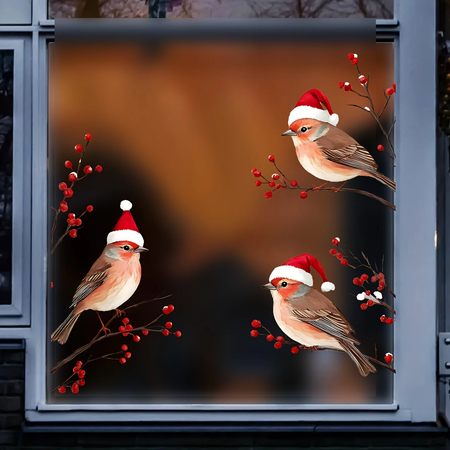 3Pcs Christmas Bird Window Cling with Santa Hat, Red Berry Snowflake Wall Decal, Double Sided Removable Sticker 12.99x12.2in