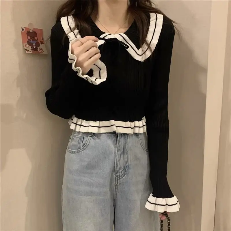 

Doll Collar Fashion Drawstring Sweaters Women's Clothing Slim Knitted Autumn Winter Contrasting Colors Basic Long Sleeve Jumpers