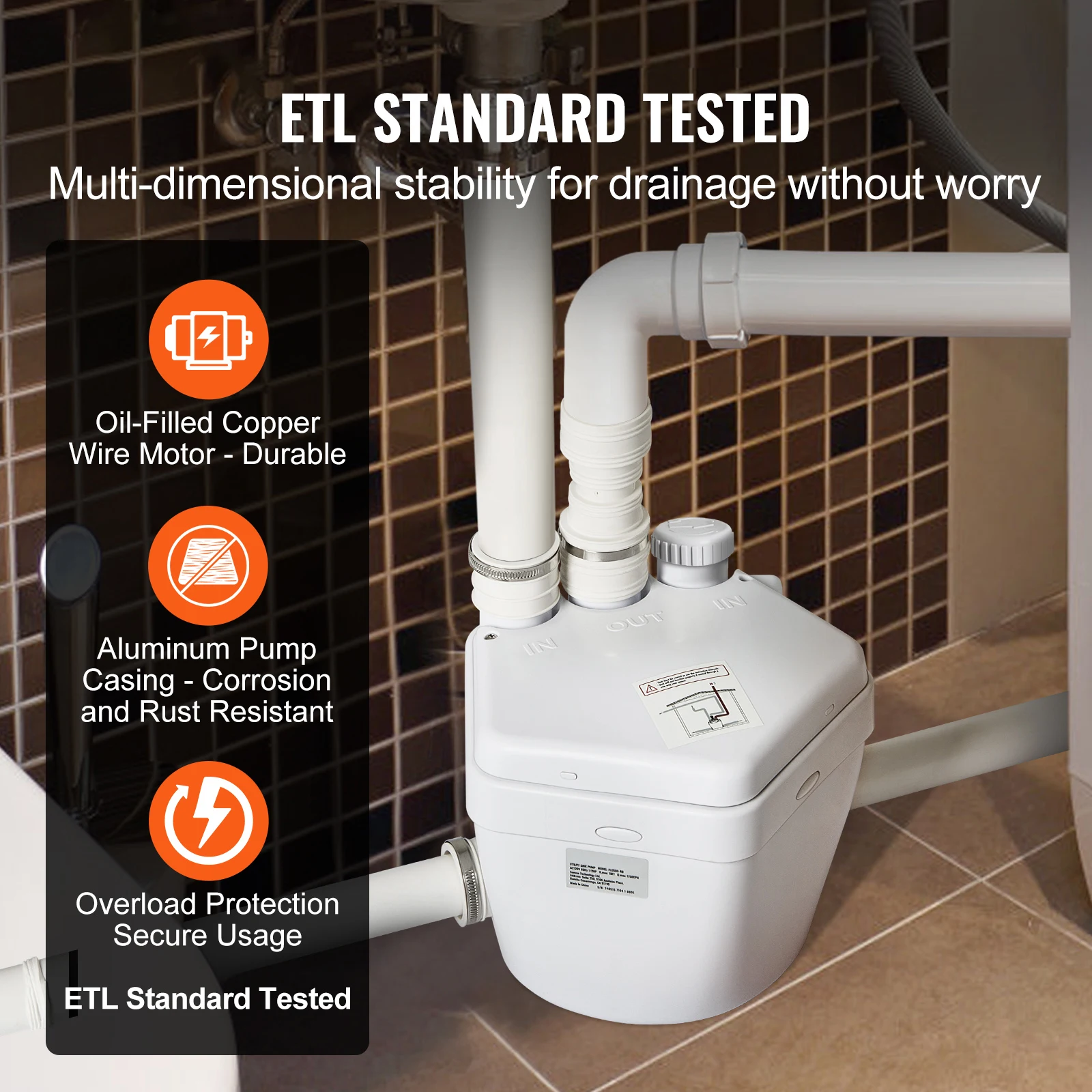 VEVOR Utility Sink Pump 1/3 HP 120V 1750 GPH Flow 18 ft Head Under-Sink Sump Pump System Heavy-Duty Utility/Laundry Sink Pump
