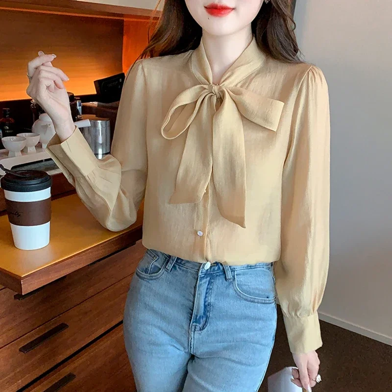 Elegant Chiffon Shirts Women Long Sleeve Retro Blouses Korean Fashion Clothing Casual Blusas Mujer Bow Neck Office Ladies Tops