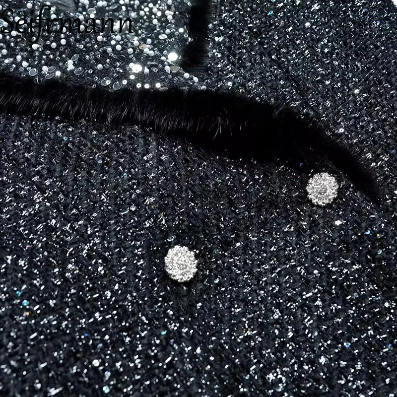 

Seifrmann 2026 Spring Women's New Fashion Haired Collar Long Sleeve Double breasted Glitter Nail Bead Waist Coat