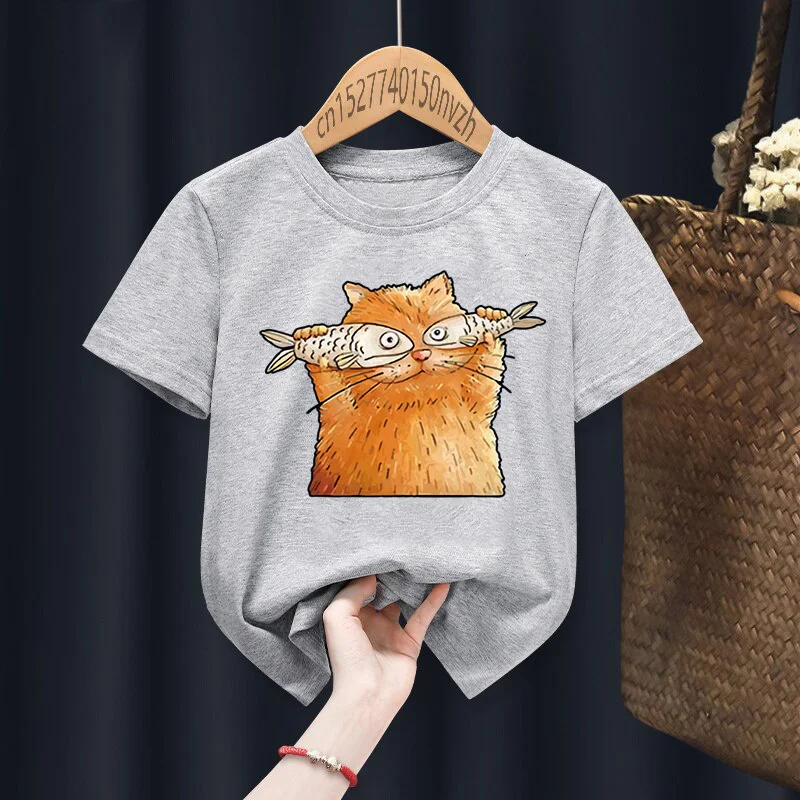 Nette Cartoon Katze Druck Rot Kind T-shirts Kinder Baby Schwarz Harajuku Kawaii Kleidung Junge Mädchen Tops Geschenk Präsentieren, drop Schiff