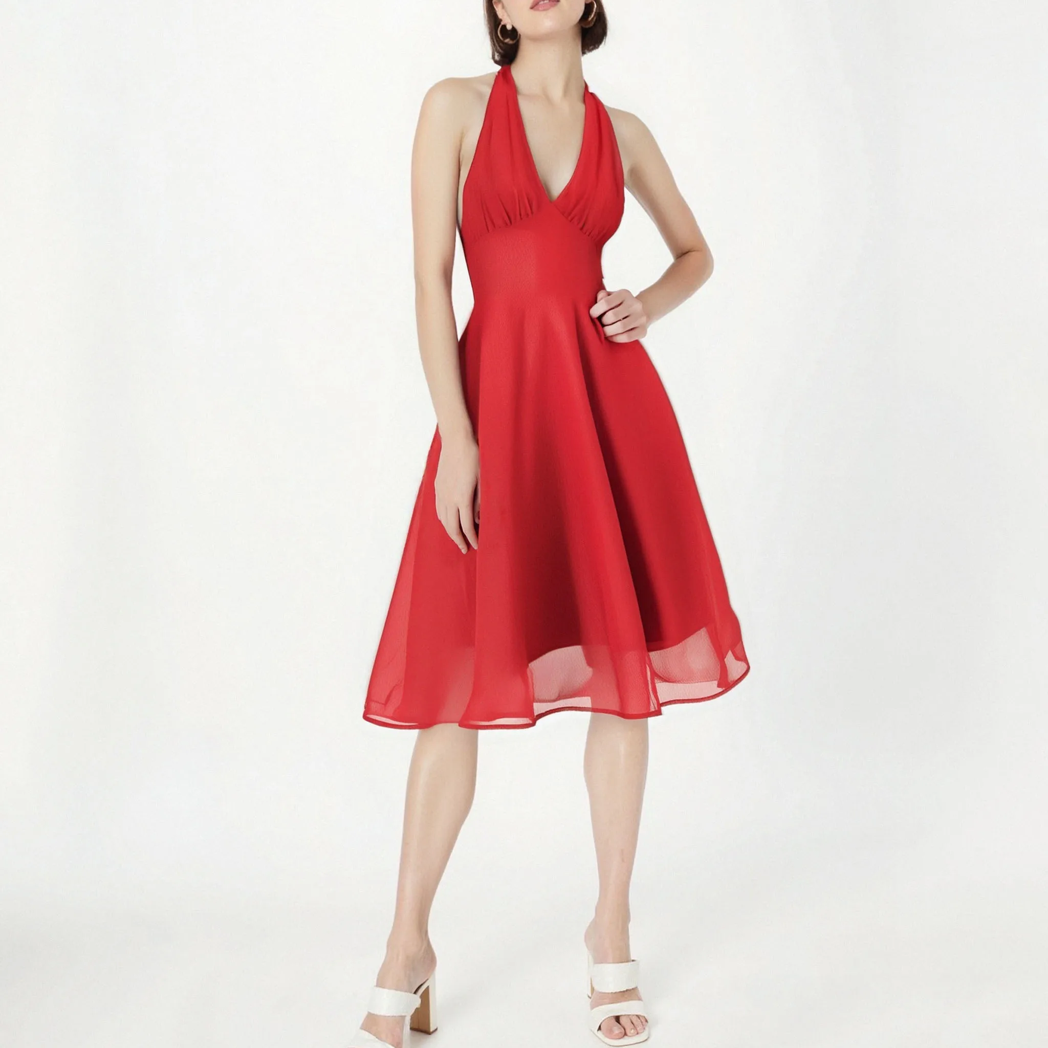 2025 Elegant Sexy Vintage Red Halter Women Dress High Waist Evening Party Prom Clothes Backless Fit and Flare Birthday Dresses