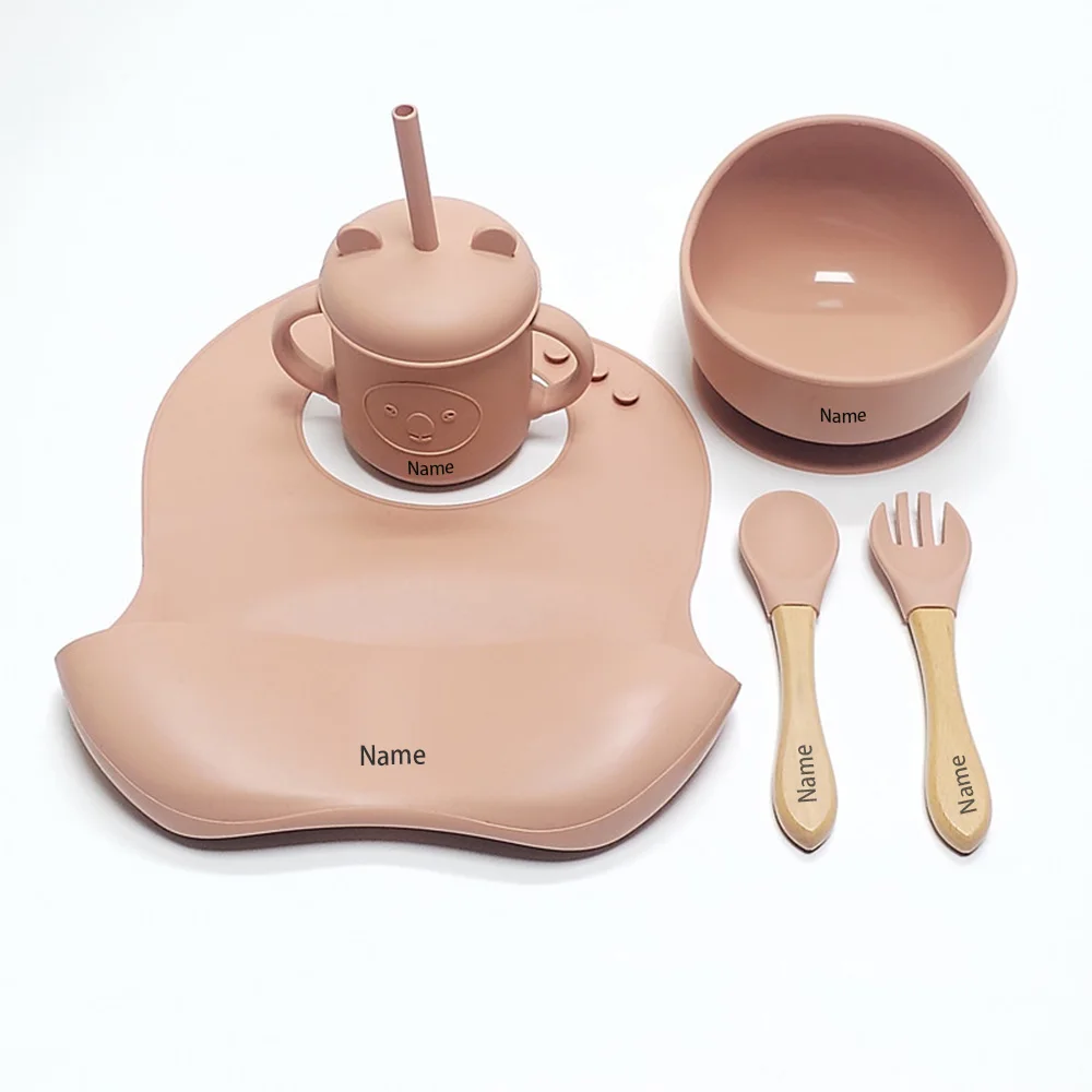 Free Name Printing Silicone Children's Tableware 5pcs Feeding Bowl Silicone Fork Spoon Tray Meal Training Holiday Gift