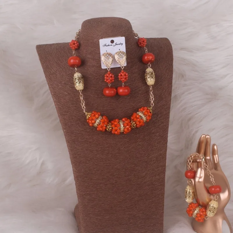 Newest African Necklaces Jewelry Set Nigerian Crystal Beaded Balls & Artificail Coral Bracelet  Earrings