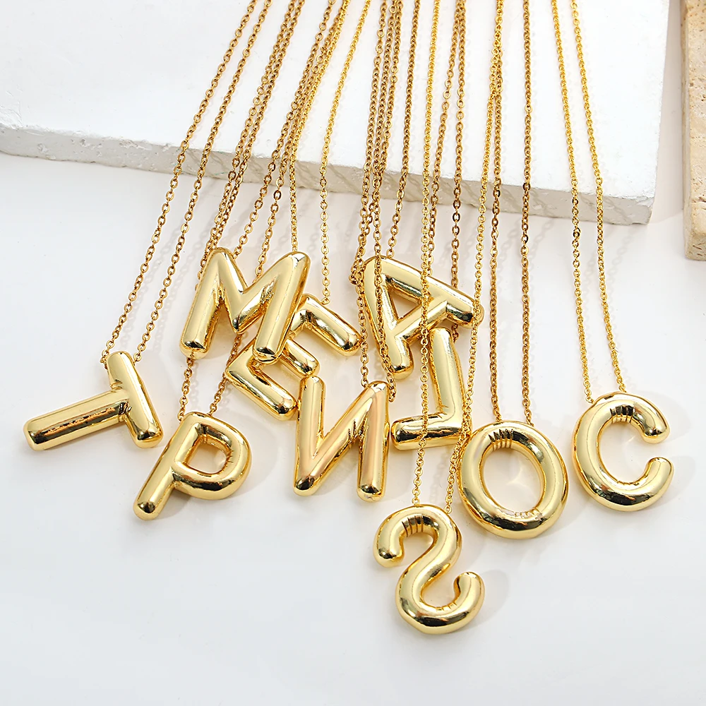 AENSOA Collares Gold Plated Copper Chunky Alphabet Balloon Bubble Initial Letter Pendant Necklace for Women Men Charm Necklaces