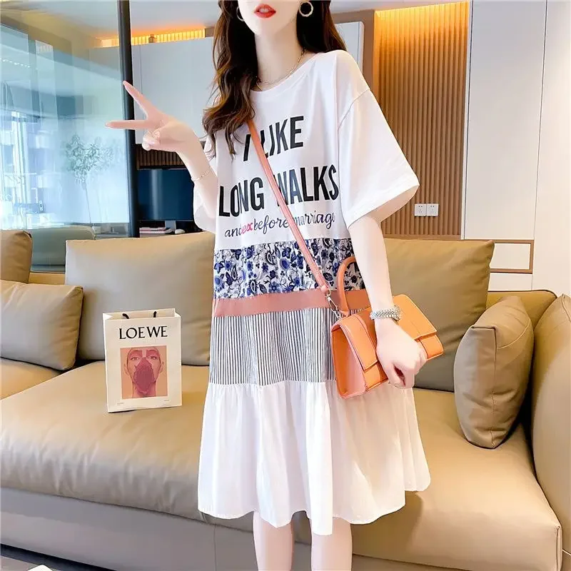 Korean Casual Letter Printed T-shirt Dress for Female Fashionable Loose Spliced Dresses Summer Short Sleeve Women's Clothing