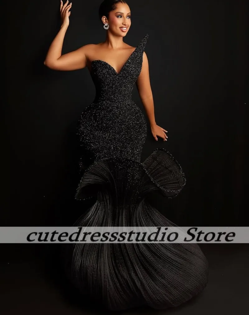 Black Modern Prom Dress African Girls Mermaid Sleeveless Shinny Sequined Beaded Formal Evening Party Dresses Customized