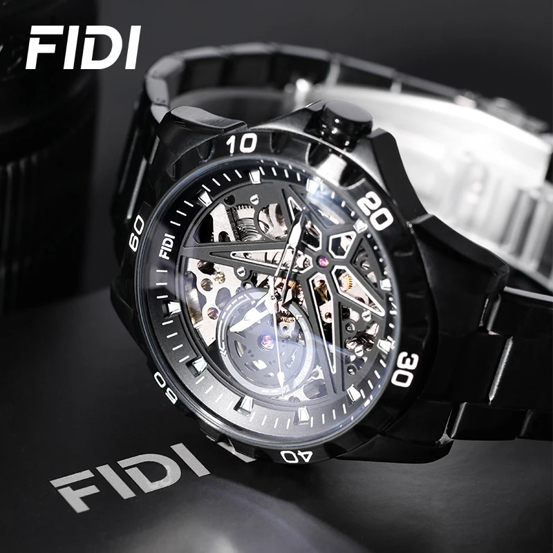 FIDI Luxury Watch Men Fashion Hollow Dial Mechanical Mens Watch Automatic Watches Silicone Men Waterproof Male Wristwatch FD103