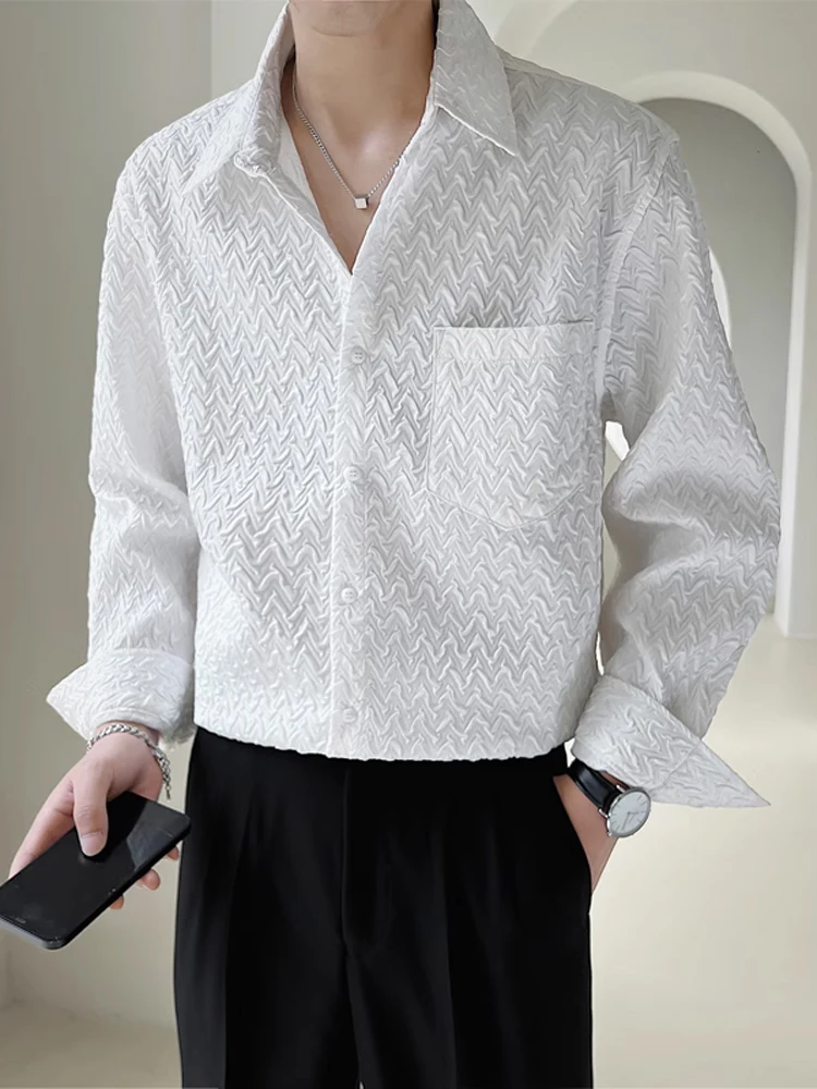 

White Long Sve Men's irt Casual Floral Pring Trendy Spring Autumn Versatile Top Quali Korean Sle Stand Fit