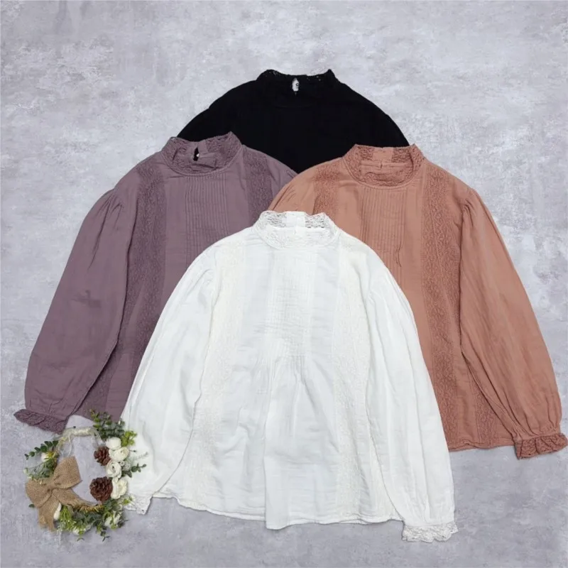 

Johnature New Press-pleated Lace Double Gauze Pullover Shirt 2025 Spring Cotton Loose Casual Vintage Shirts Women