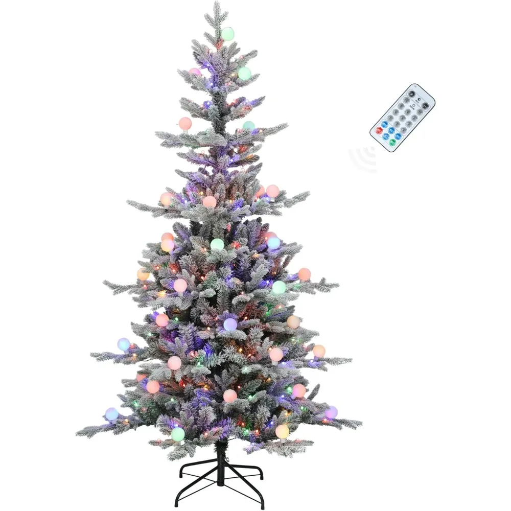 

6FT Prelit Flocked Christmas Tree with Remote, Layered Hinged Flocked Christmas Tree w/ 1338 PE & PVC Mixed Tips, 270 War