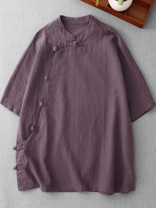 Loose Fit Cotton Linen Short Sleeve Shirt Women's plus Size Traditional Chinese Style Top Korean Japanese Tagless Tea Clothes - view 4