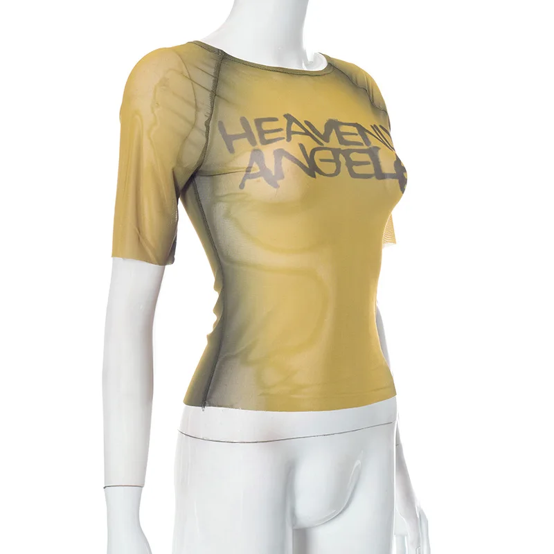 Brief Drucken Y2k Top Durchsichtig Grafik T Shirts Für Frauen Kleidung Kurzarm Ästhetischen Ropa De Mujer Dünne Sexy Streetwear – Detail 12