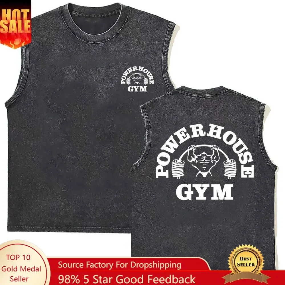 Washed Vintage Powerhouse Gym Logo Double Sided Print Tank Tops T-shirts Men Women Casual Oversized Geek Fitness Vest T Shirts