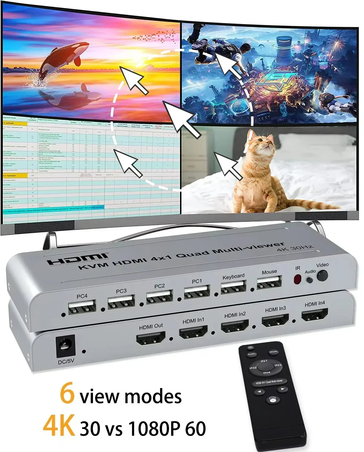 4K HDMI Multiviewer 4x1 Quad Multi-viewer Seamless Switcher 4 In 1 Out 1080p 60hz 6 Split Modes for PS4 Camera PC To TV Monitor