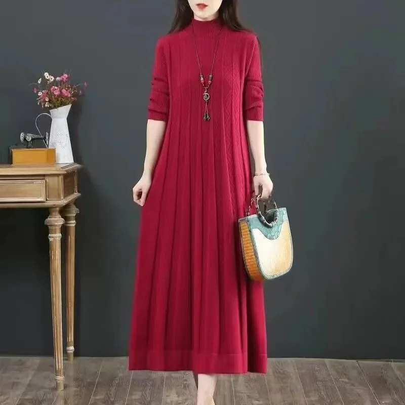 Autumn/Winter Women Knitted Dress 2025 New Solid Loose Pullover Half High Collar Long Knitted Sweater Dress Female High-Quality - Image 3