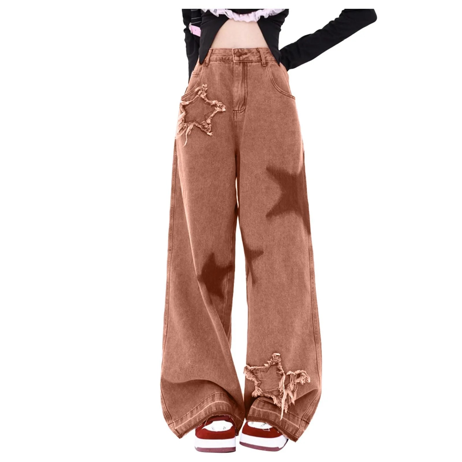 

Spring Autumn Women Pants Retro Jeans Five-Point Star Raw Edge Splicing Loose Wide-Leg Jeans Trendy All-Match Mopping Pants