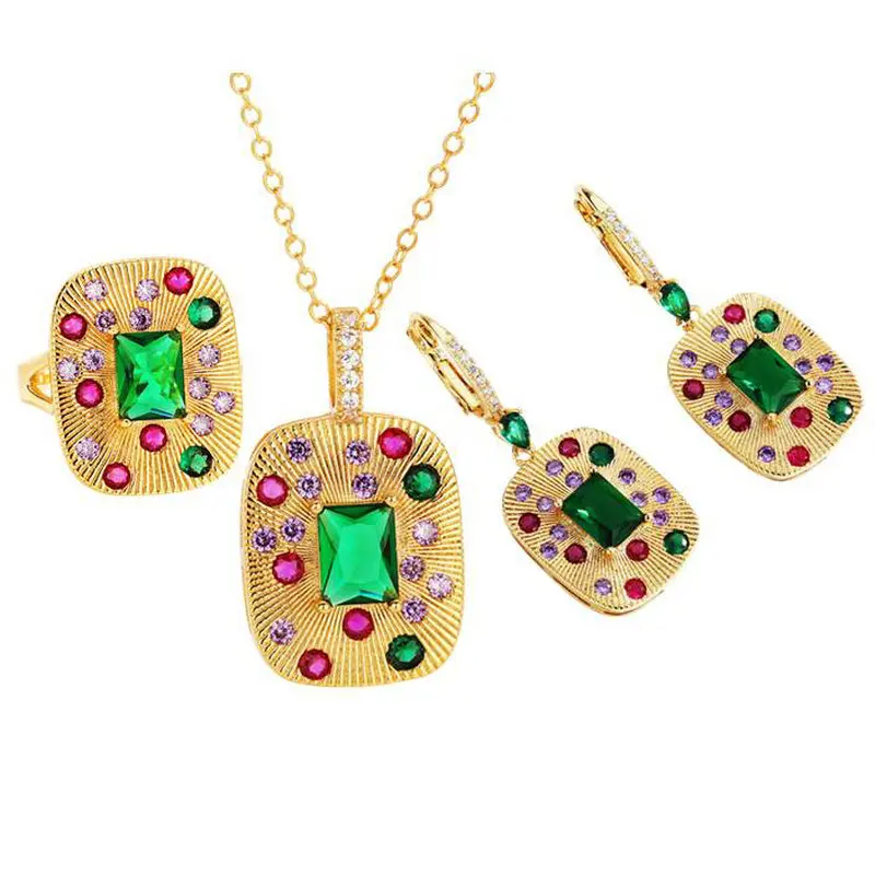 3pcs/Set Gorgeous Color Cubic Zircon Geometric Vintage Palace Golden Pendant Necklace Earring Ring Jewelry Sets For Women