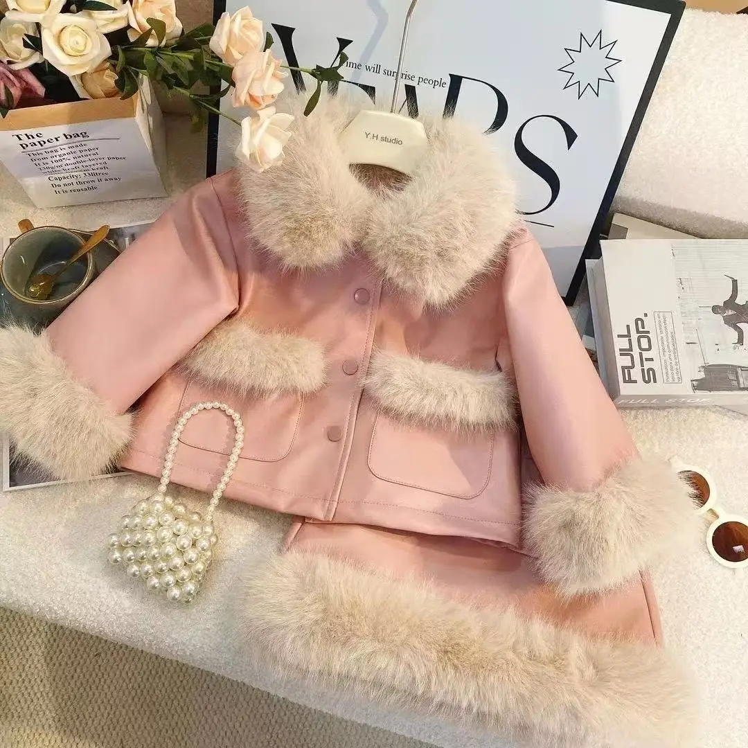 

Girls' Clothing Set Autumn And Winter Children's Plush Thick PU Coat+Half Skirt Two-piece Set 2026 New Year's Wear