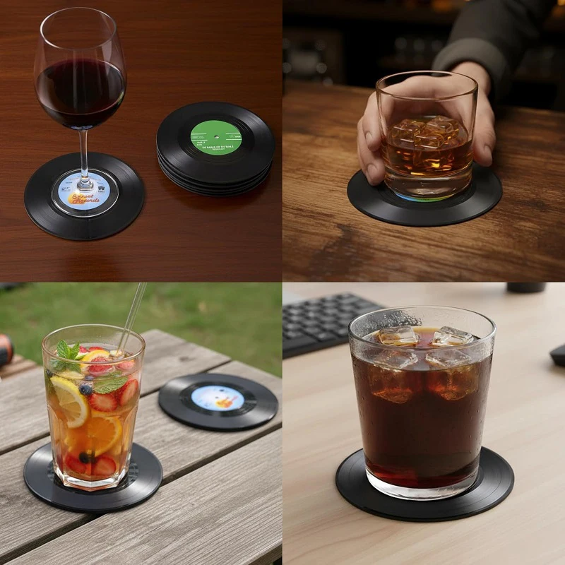Anti Slip Coffee Coasters Retro Vinyl Record Cup Coaster Heat Resistant Music Drink Mug Mat Set Table Placemat Home Decor view 6