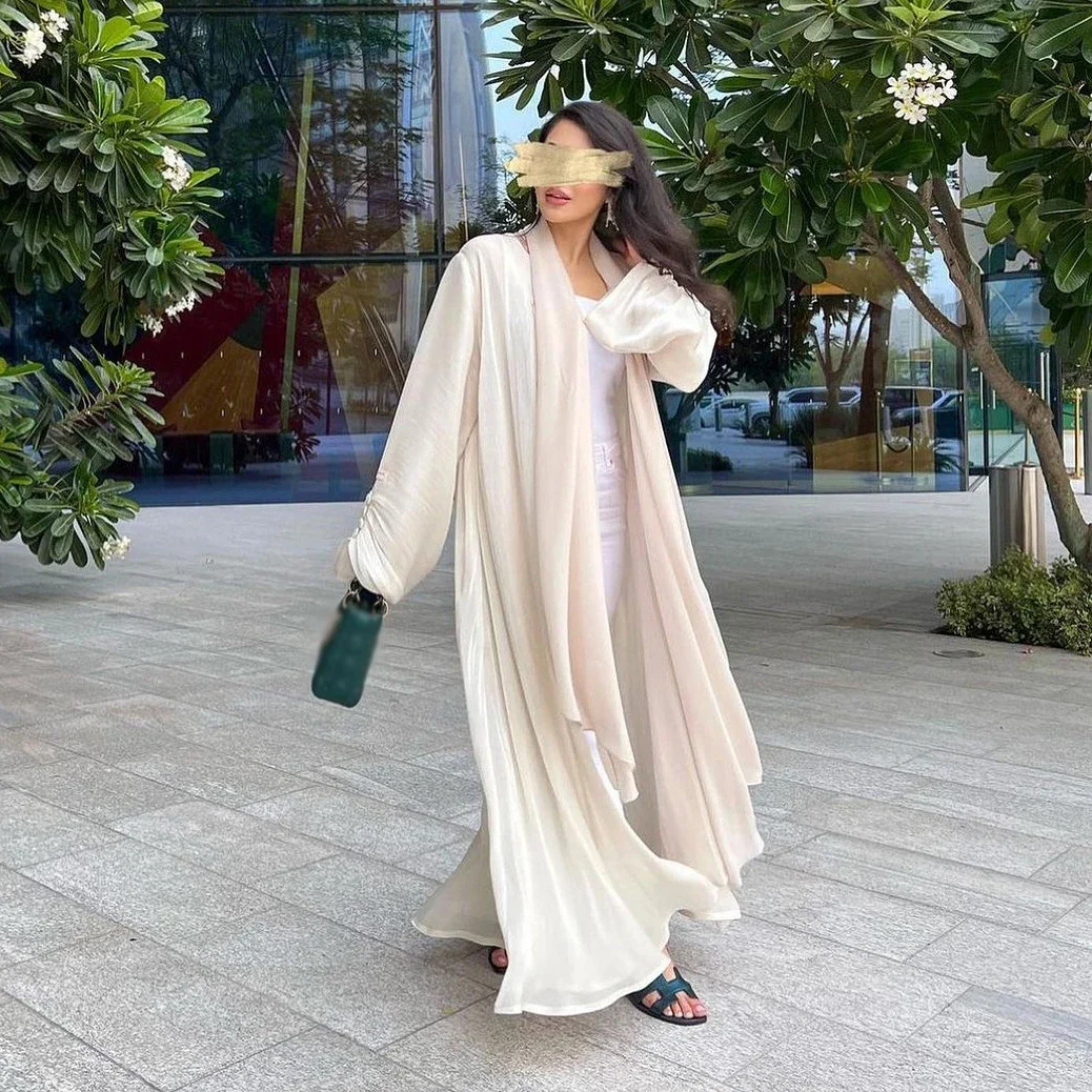 

Shiny Satin Open Abaya Women Buttons Long Sleeve Ramadan Muslim Long Dress Kimono Outwear Cardigan Islam Turkish Modest Abayas