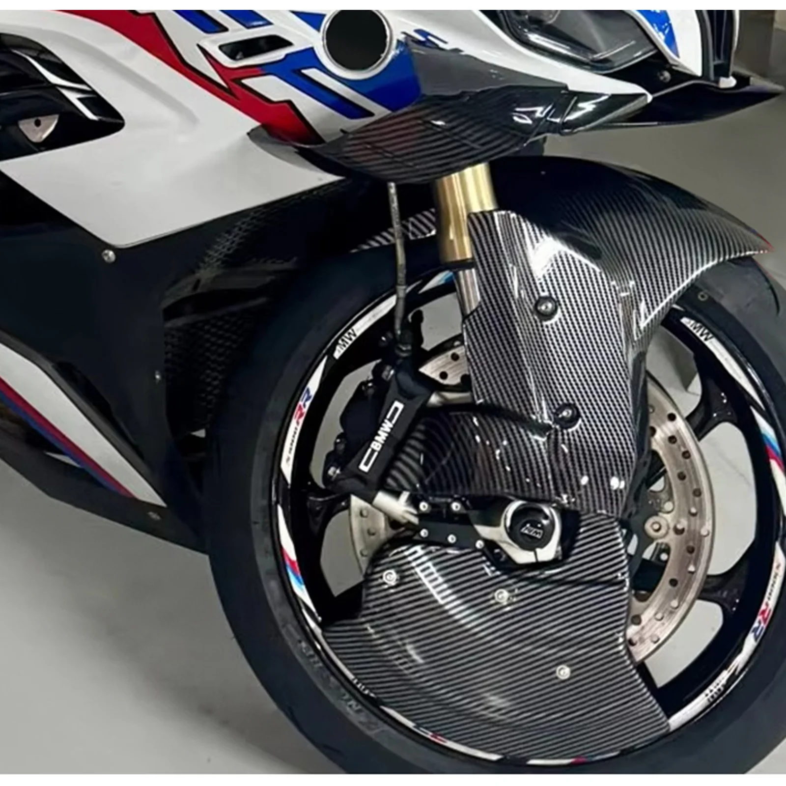 for BMW S1000RR and M1000RR motorcycles, including modified front wheel cover and brake disc assembly. ABS injection-molded.