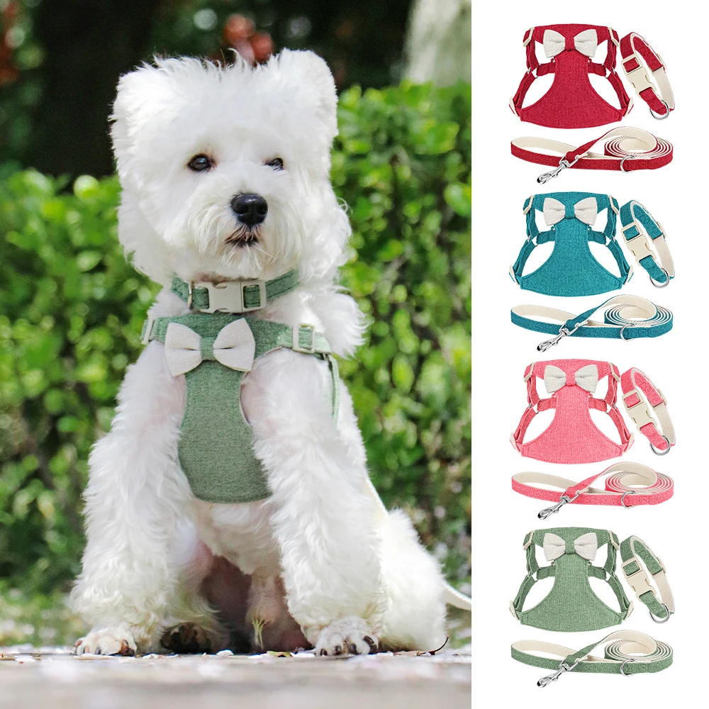 

Cute Bowtie Dog Collar Harness Leash Nylon Puppy Dogs Harnesses Adjustable Pet Collars Vest With Lead for Small Medium Dogs Pug