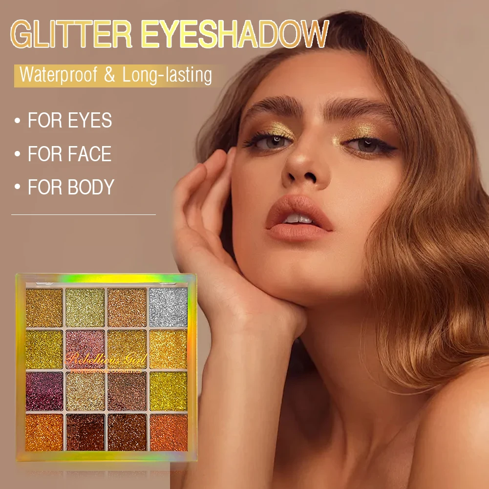 16-Color Glitter Eyeshadow Palette, High-Shine Shimmer, Suitable for Stage, Party and Everyday Makeup, Bright Colors, Metallic F