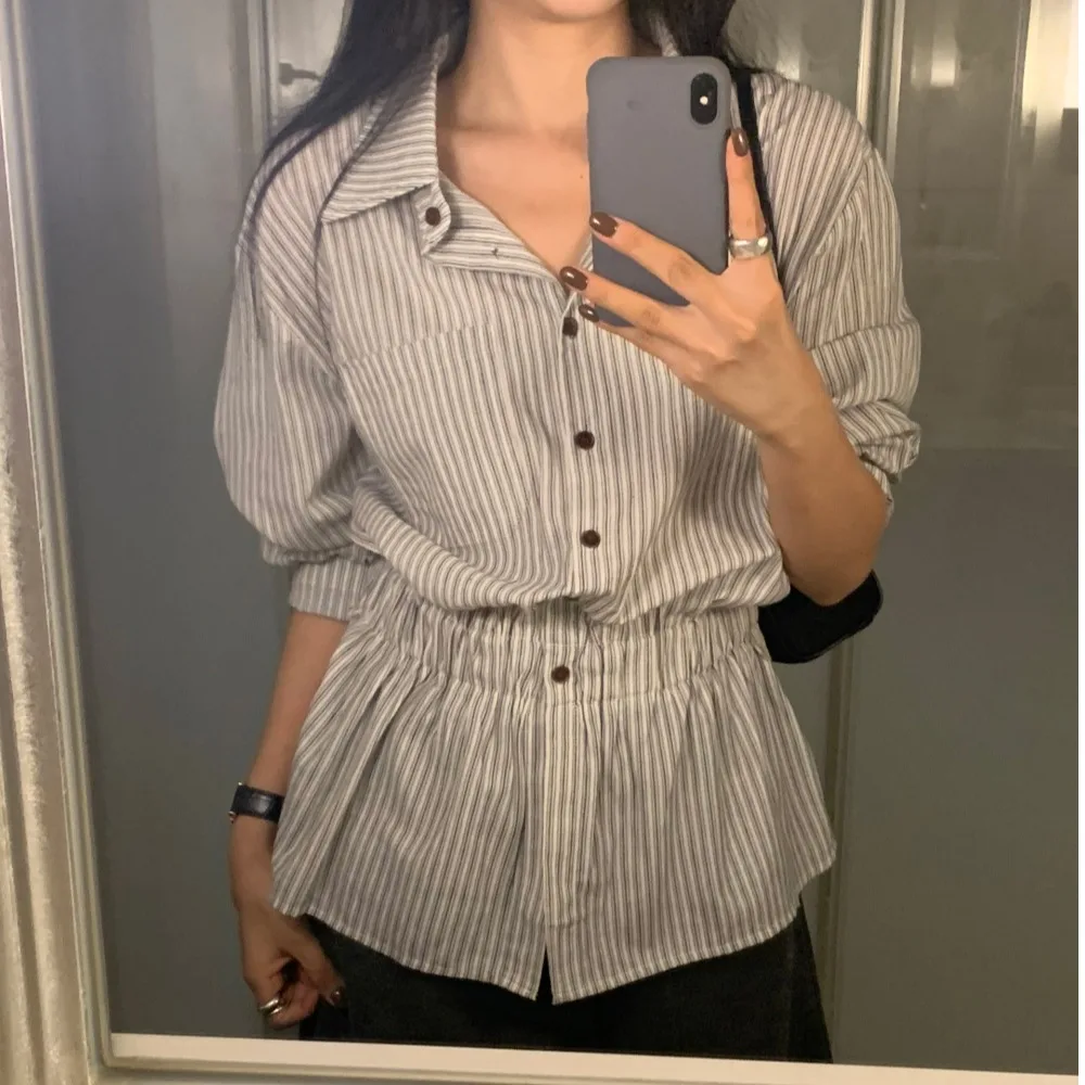 Top Casual a Righe da Donna con Maniche Lunghe, Bottone Singolo, Colletto Rovesciato e Vita Elasticizzata, Design Primaverile per il Tempo Libero