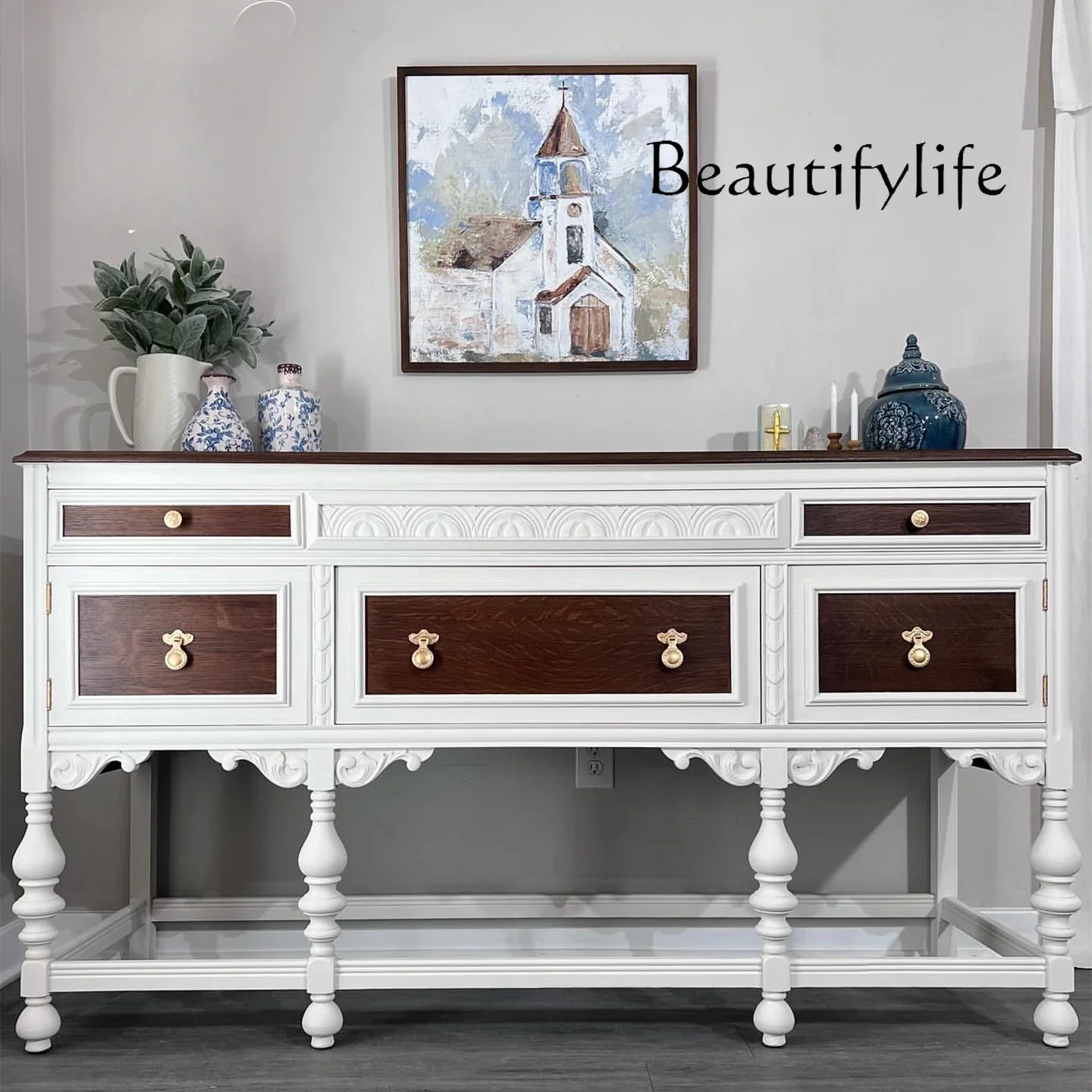 

ZY French Retro Solid Wood Neoclassical Old Dining Side Cabinet Living Room Wall Carved Decorative Locker