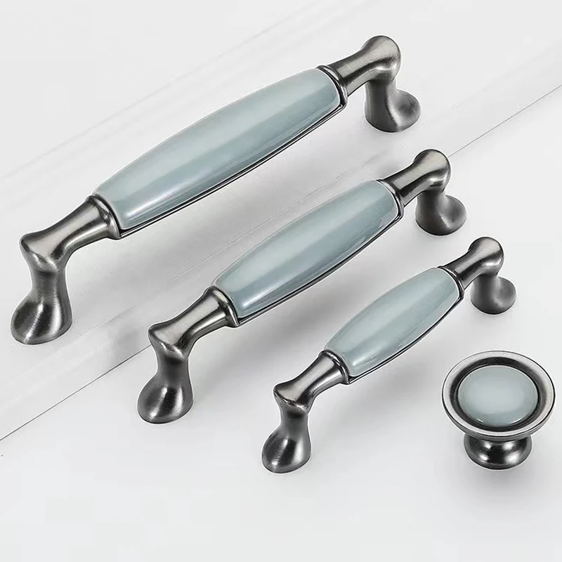 Blue-gray Ceramic Antique Kitchen Drawer Handles Vintage Handles Knobs and Pulls for Cabinets Metal Furniture Hardware