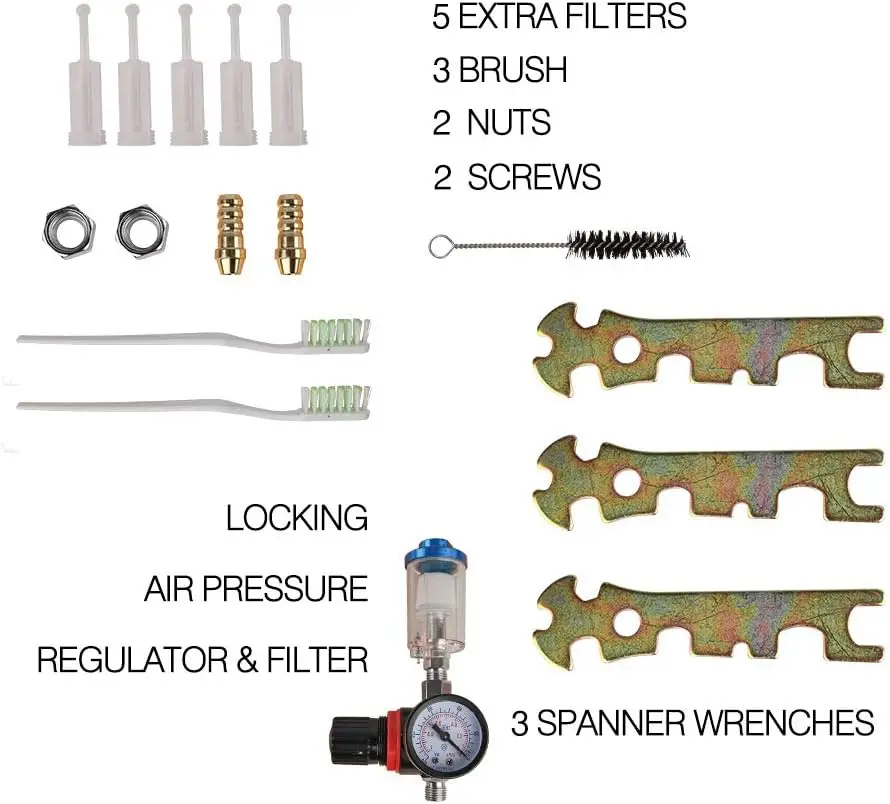 Conjunto de armas 3 peças, primer de pintura automática com regulador de ar e kit de manutenção, pulverizador de tinta com copos para vários projetos de pintura (1,0 m