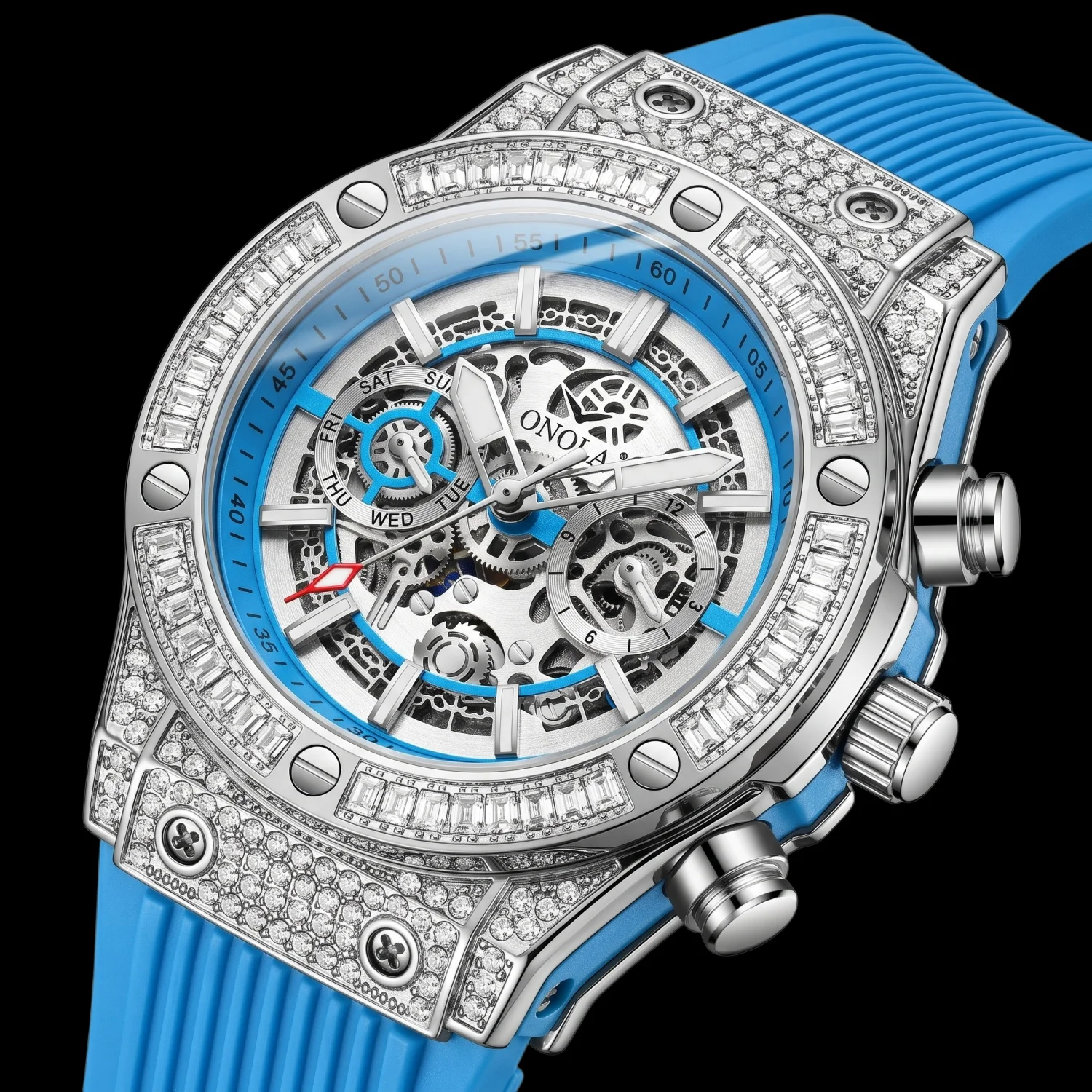 Onola Men's Luxury Mechanical Watch, Inlaid With Rhinestone Alloy Case, Hollowed Out Dial, Multifunctional Business Watch