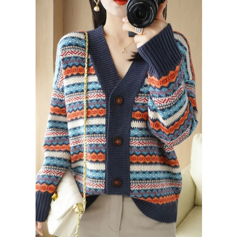 Women Trendy Vintage Striped Patchwork Button Knitted Cardigan Autumn Winter Female Casual V Neck Long Sleeve Loose Sweater Coat