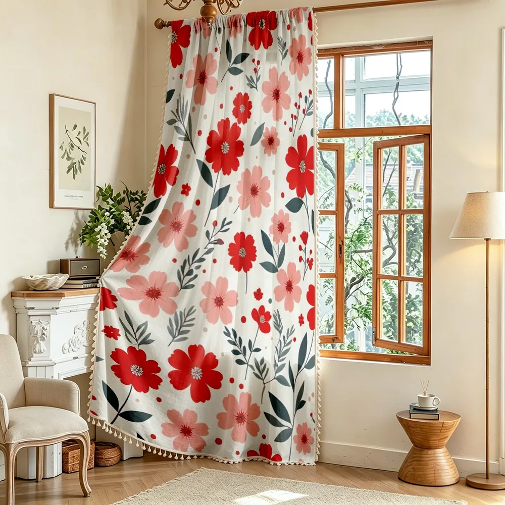 1PC Floral Tassel Sheer Curtains, Red Pink Flower Leaf, Digital Print, Linen Polyester, Bedroom Living Room Kitchen Home Decor