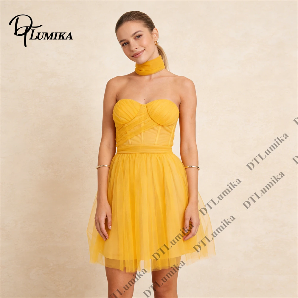DTLumika Sweet Short Mini Dress for Women with Scarf Neck, Strapless A Line Party Gowns Customized Size and Colors Formal Dress