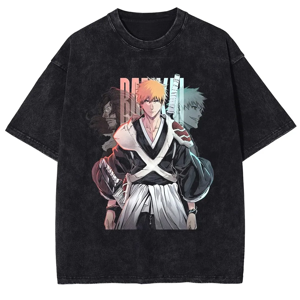 Japan Anime BLEACH Kurosaki Ichigo Graphic Print T-shirt Men Women Retro Washed Streetwear Fashion O-neck Cotton Summer New Tee
