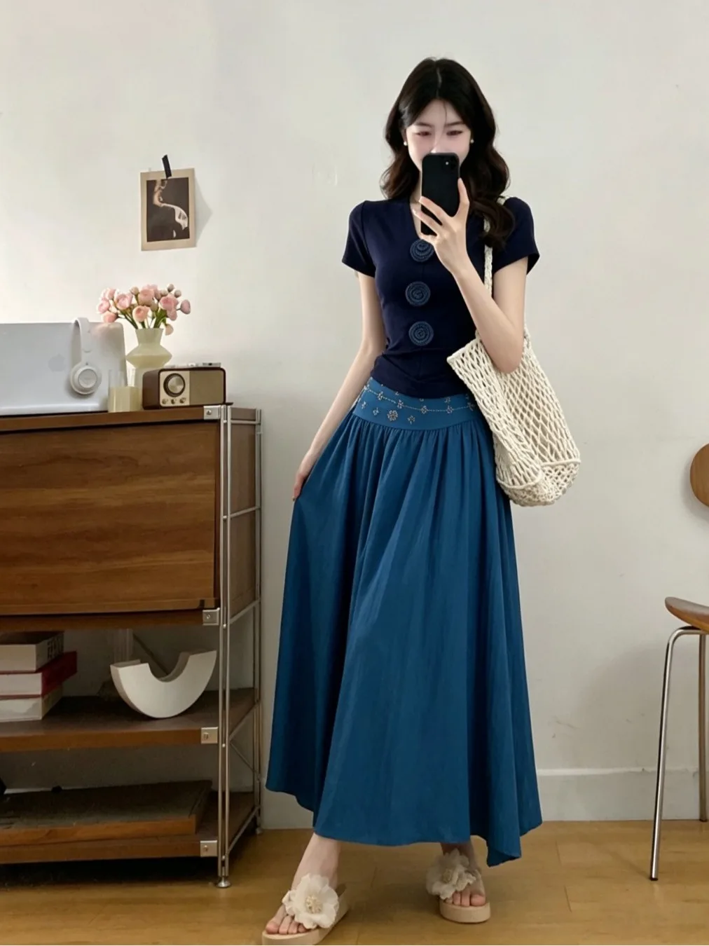 

Summer Vacation Style 3D Flower T-Shirt Rhinestone Large Size Loose Casual Skirt Two-Piece Set for plus Size Women